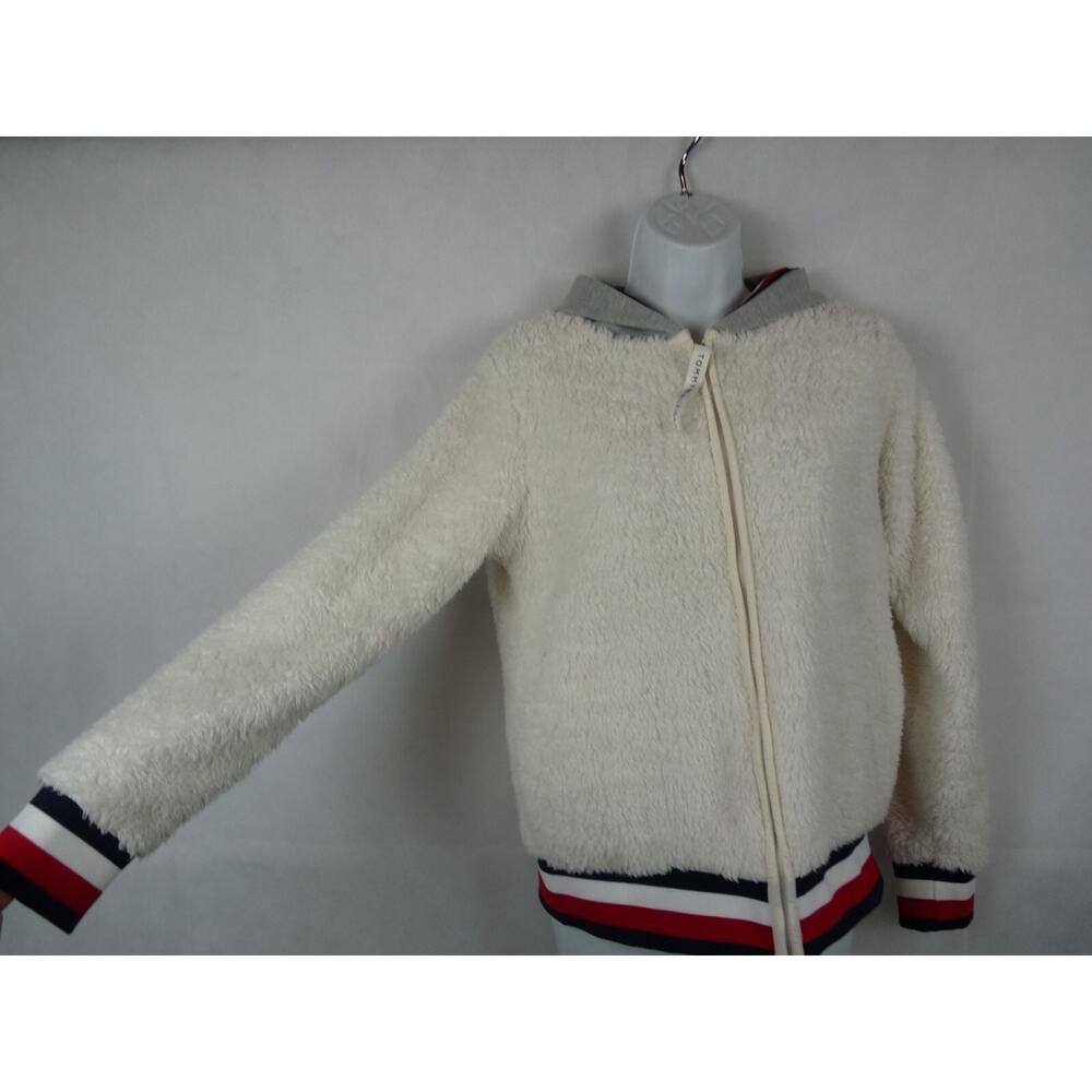 Tommy Hilfiger White Fur with Red/Blue Stripe Hoodie Full Zipper Jacket Size S/P - Picture 2 of 10